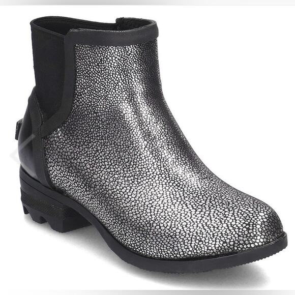 Sorel Janey Chelsea Black/Metallic Short Ankle Rubber Rain Booties Size 7 Glam - Picture 1 of 12